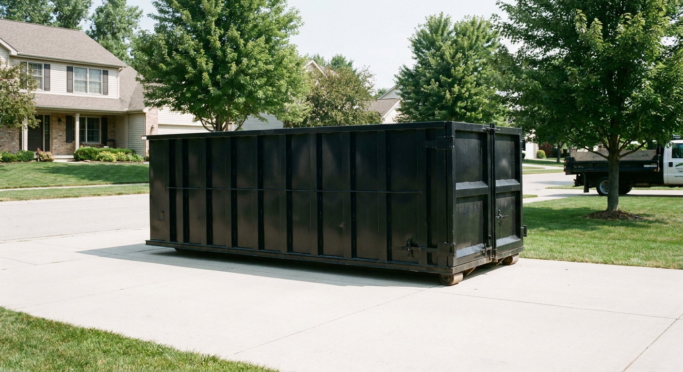 Matte-black 20-yard roll-off dumpster sitting level on a clean Portage residential concrete driveway under bright daylight, demonstrating clean placement directly on the concrete.