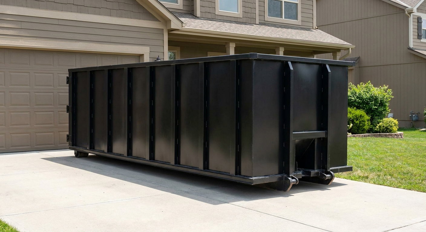 Matte-black residential roll-off dumpster sitting directly on a suburban Portage concrete driveway, garage door closed, single-family home in background, bright morning daylight.