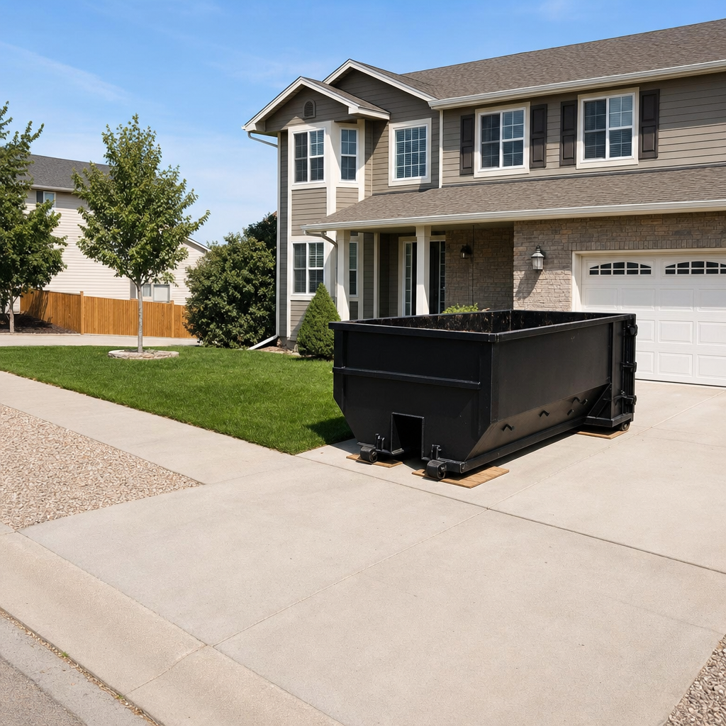 10-yard matte-black residential dumpster placed directly on a narrow Portage concrete driveway, room remains for a parked sedan beside it, mid-morning natural light